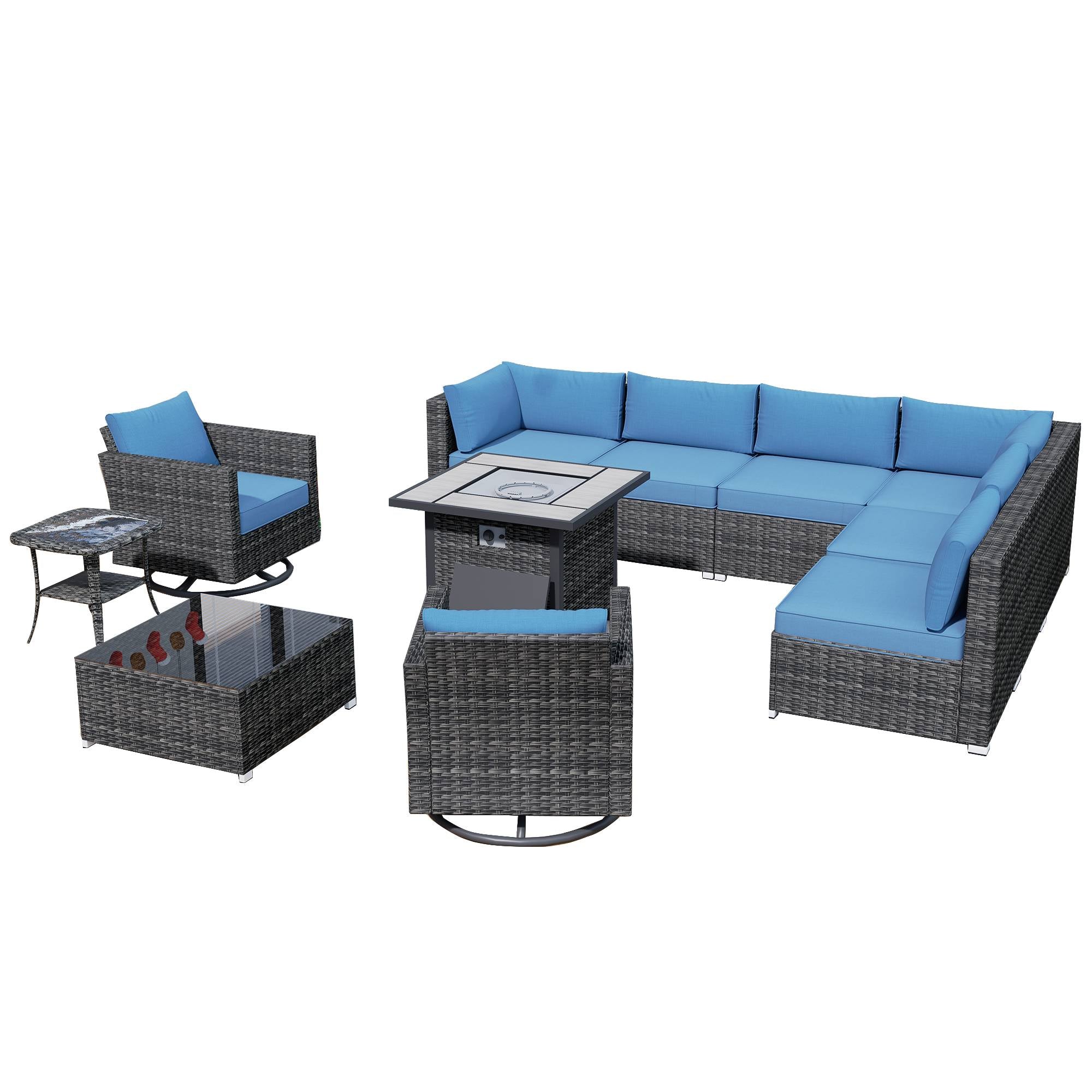 Ovios Outdoor Sectional Furniture 11-Piece with Rocking Chair and 30'' Fire Pit Table