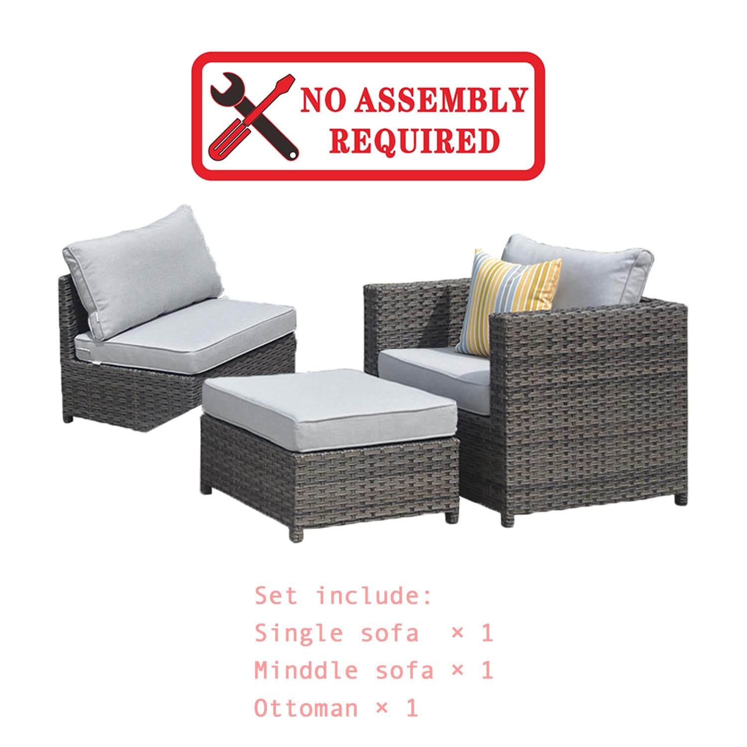 Ovios Outdoor Furniture 3-Piece Patio Chair with Ottoman, King Series, No Assemble Required
