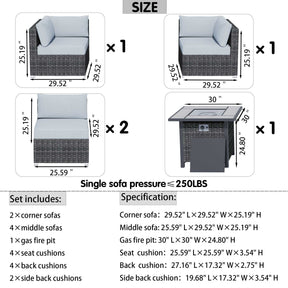 Ovios Outdoor Sectional Furniture 5-Piece with 30'' Fire Pit Table