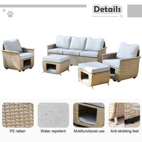 Ovios Patio Conversation Set 5 Pieces Beige Wicker with Multifunctional Storage
