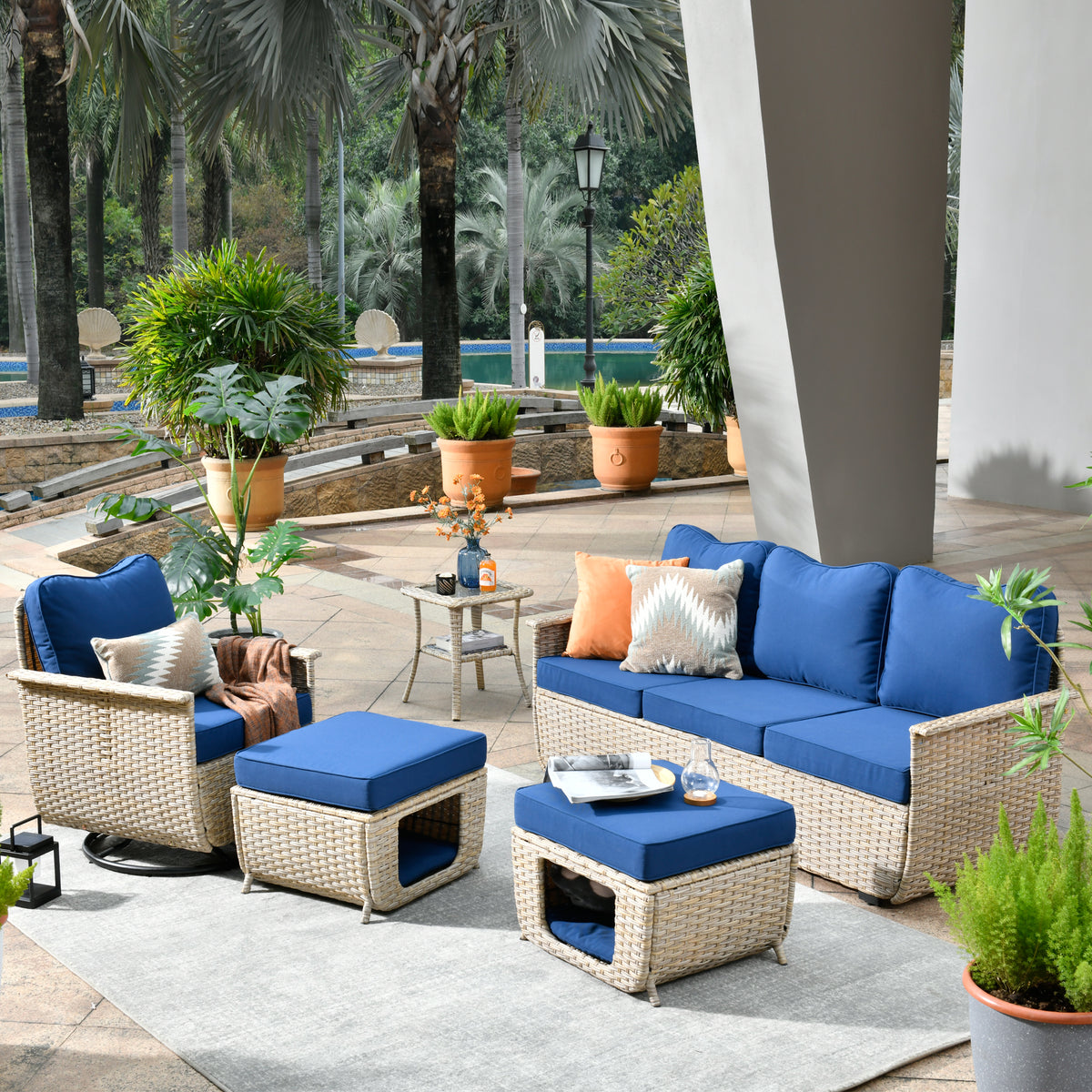 #color_Beige Wicker Navy Blue Cushion