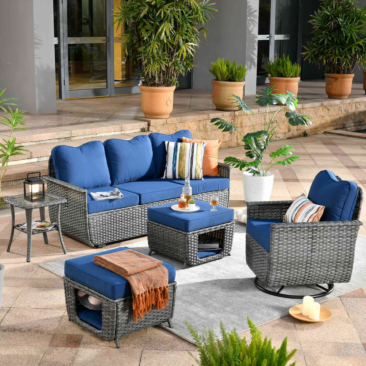 #color_Dark Grey Wicker Navy Blue Cushion
