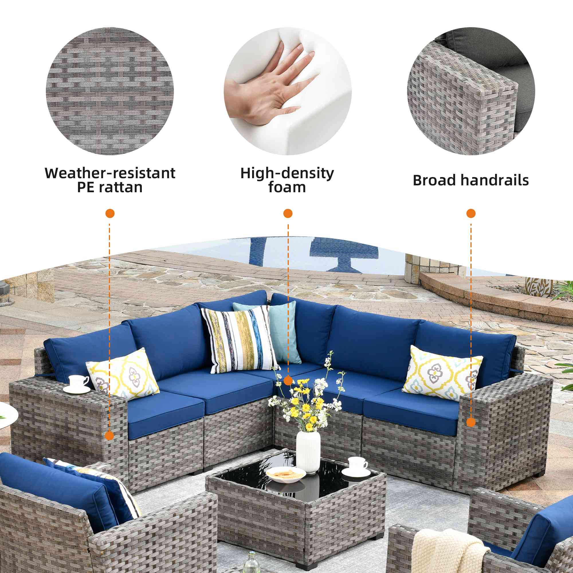Ovios 9 Pieces Outdoor Furniture with 7.68'' Broad Handrails and Rocking Chair