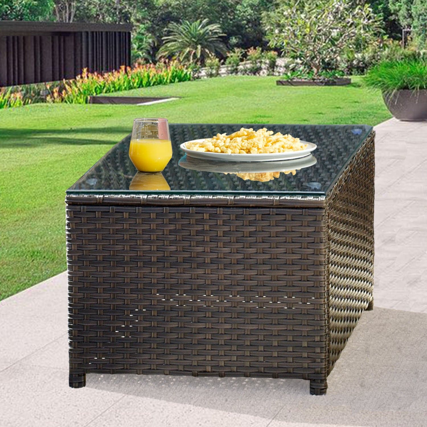 Ovios Brown Wicker Table with Glass Top for NTC Series