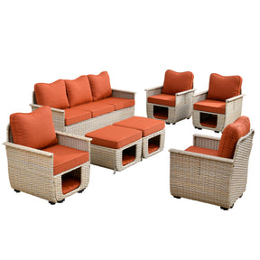 Ovios Patio Conversation Set 7 Pieces Beige Wicker with Multifunctional Storage