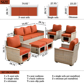 Ovios Patio Conversation Set 7 Pieces Beige Wicker with Multifunctional Storage
