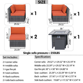 Ovios Outdoor Sectional Furniture 5-Piece with 30'' Fire Pit Table