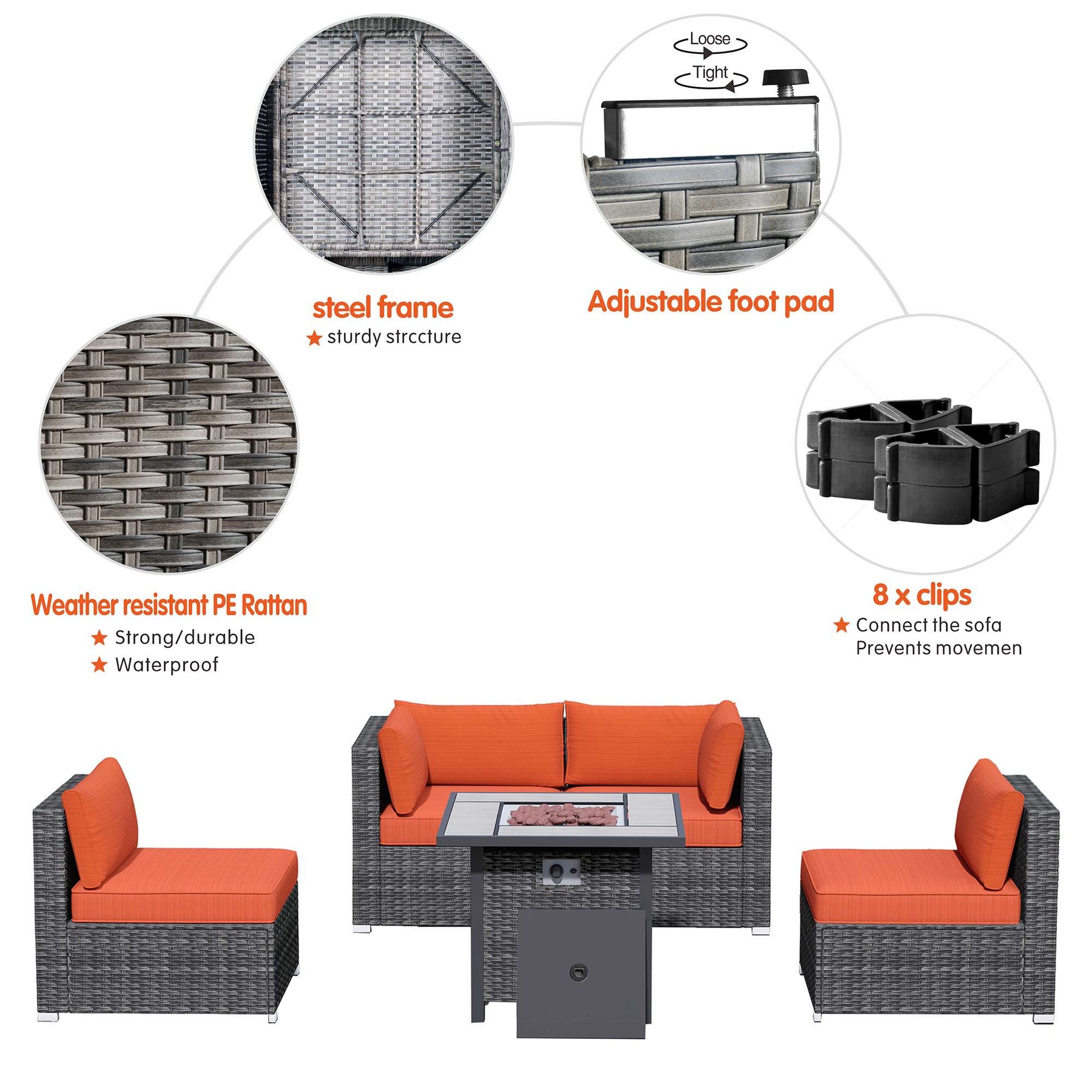 Ovios Outdoor Sectional Furniture 5-Piece with 30'' Fire Pit Table