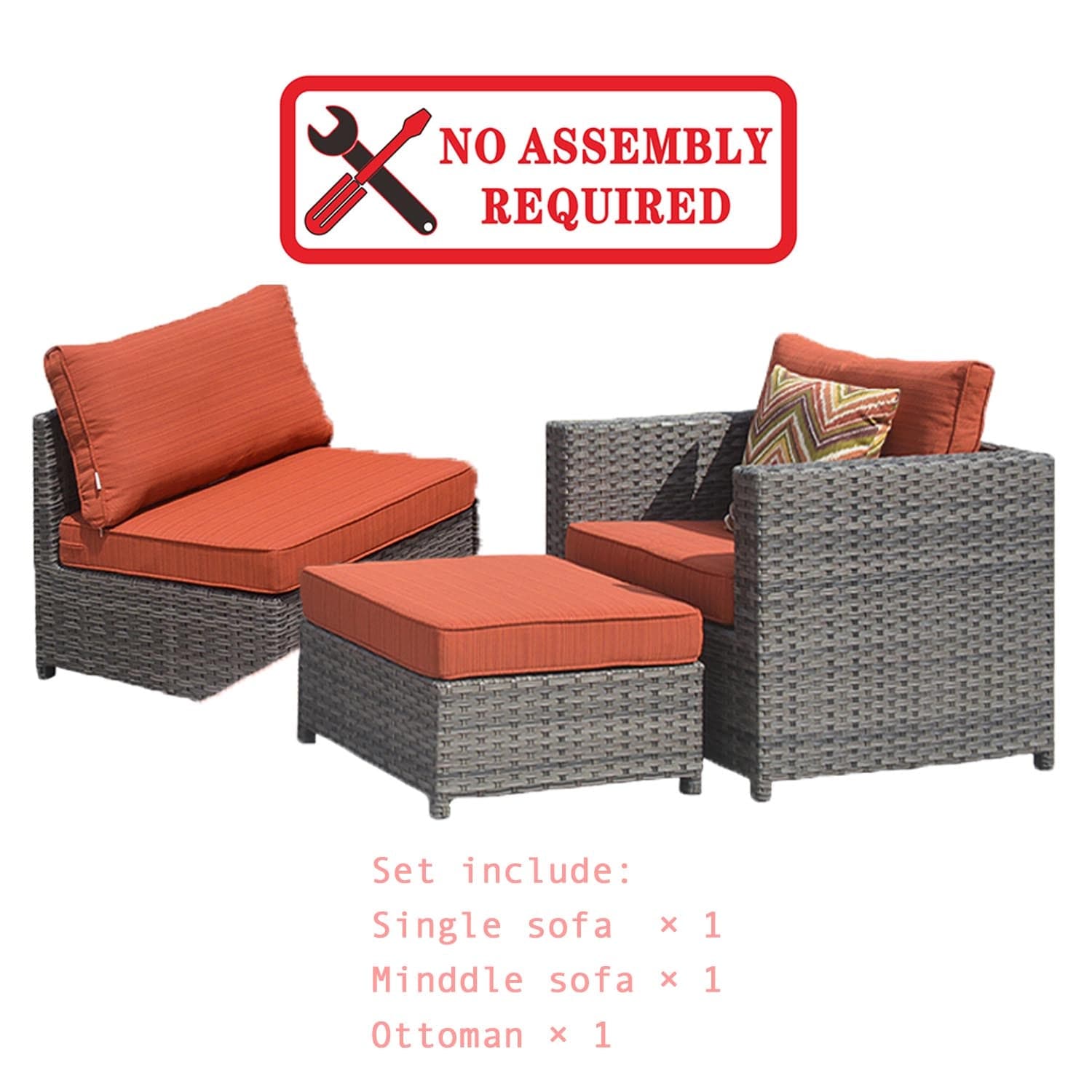 Ovios Outdoor Furniture 3-Piece Patio Chair with Ottoman, King Series, No Assemble Required